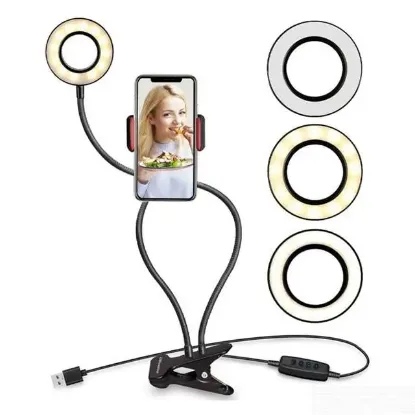 Powermaster PM-2577 Masa Sabitlemeli 3000K-5000K-6500K Selfie Işıklı Telefon Tutacağı Akrobat 2in1 resmi
