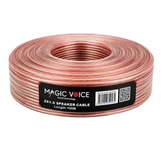 Magicvoice 2x1.50 Şeffaf Kırmızı Çizgili 100 Metre Hoparlör Kablosu resmi