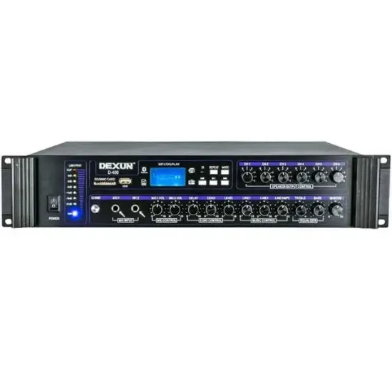 Dexun D-400 500 W USB-SD-BT 4-16 Ohm 6 Bölgeli 2 Mik. 3 Aux Giriş Trafolu Mixer Anfi resmi