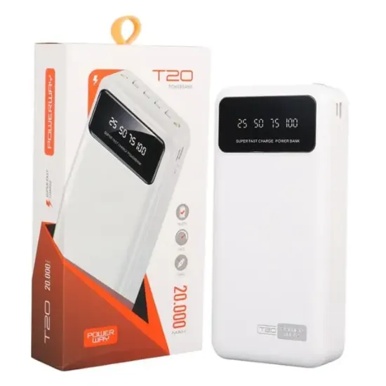 POWERWAY T20 KENDİNDEN KABLOLU DİJİTAL EKRAN 20.000 MAH BEYAZ POWERBANK resmi