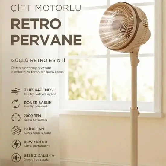 Everest FAN13 Olympos Air Krem/Gold 10" 80W 3 Hız Kademeli 2000RPM Çift Motorlu Retro Vantilatör resmi