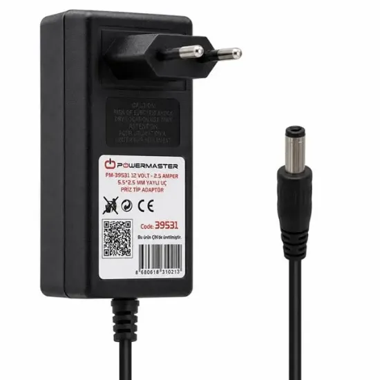 Powermaster PM-39531 Siyah 12 Volt - 2.5 Amper Plastik Kasa 5.5*2.5 Mm Yaylı Uç Priz Tipi Adaptör resmi