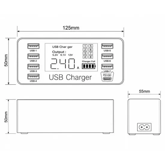 Powermaster PM-26057 8 Portlu LCD Ekranlı Akıllı USB ve Type-C PD Şarj İstasyonu resmi