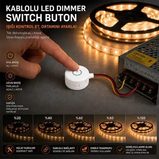 Powermaster PM-30802 3.7-4.2V 10mm Kablolu Beyaz Led Dimmer Switch Buton resmi