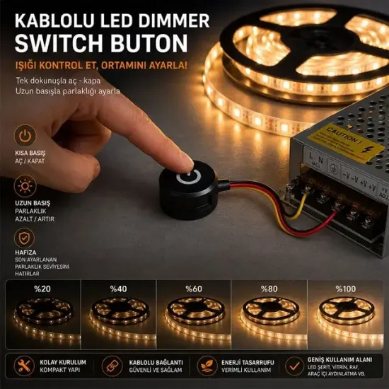 Powermaster PM-30788 12V 13mm Kablolu Led Dimmer Switch Buton resmi
