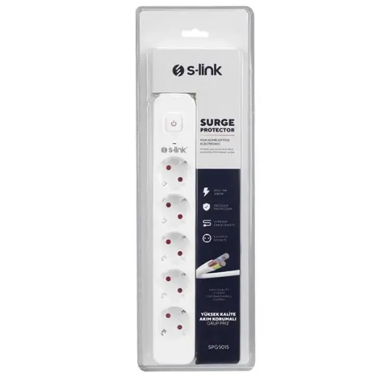 S-Link SPG501S 1.5 Metre Kablolu 750 Joule 1.5 Mm Anahtarlı 5'li Akım Korumalı Priz resmi