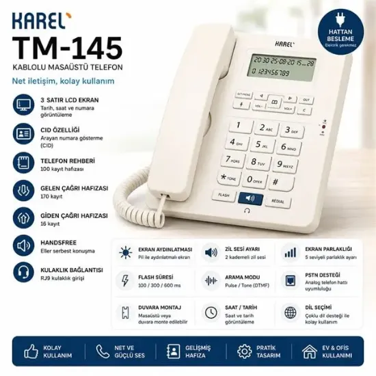 Karel TM-145 Kablolu Ekranlı Krem Masaüstü Telefon resmi