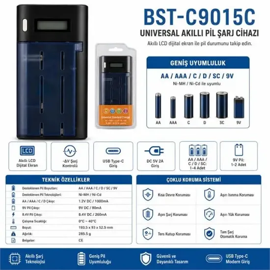 Beston BST-C9015C (AA-AAA-C-D-9V-SC) Universal Tüm Boylar Dijital Ekranlı Pil Şarj Cihazı resmi