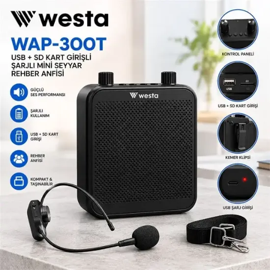 Westa WAP-300T USB + SD Kart Girişli Şarjlı Mini Seyyar Kablosuz Mikrofonlu Rehber Anfisi resmi