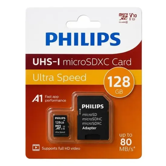 Philips FM12MP45B/00 128GB Class10 UHS-I U1 TF Adaptörlü Micro SDXC Hafıza Kartı resmi