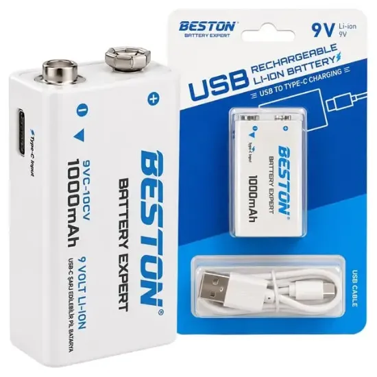 Beston 9VC-10CV 9V 1000mAh Type-C Şarj Edilebilir Li-Ion Lityum Pil ve Şarj Kablosu resmi