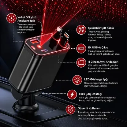 Hello HL-29871 Araç Çakmaklık Şarj Cihazı Dahili Çekilebilir Type-C Lightning Çift Kablo Ambiyans Işıklı resmi