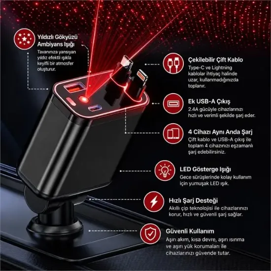 Hello HL-29871 Araç Çakmaklık Şarj Cihazı Dahili Çekilebilir Type-C Lightning Çift Kablo Ambiyans Işıklı resmi