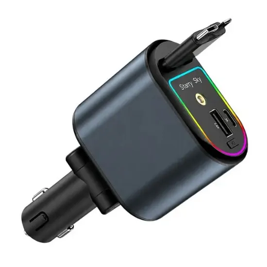 Hello HL-29871 Araç Çakmaklık Şarj Cihazı Dahili Çekilebilir Type-C Lightning Çift Kablo Ambiyans Işıklı resmi