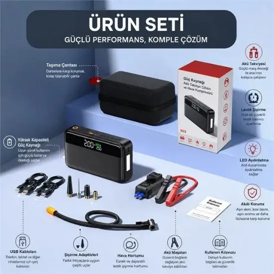 Powermaster N33 Lastik Hava Kompresörlü Akü Takviye Cihazı 65W Fast Powerbank resmi