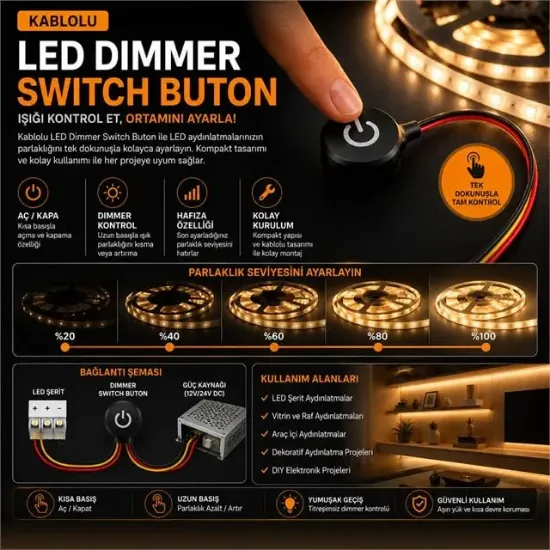 Powermaster PM-30779 5V DC 16mm Gömme Dokunmatik LED Dimmer Kontrolcüsü Switch Buton Siyah resmi