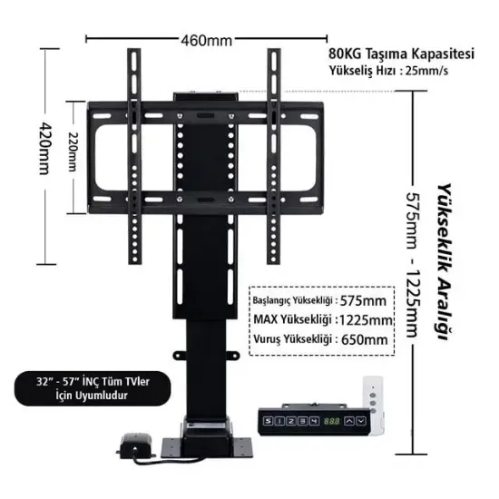 PowerMaster PM-24928 32'' - 57'' İnç Ayarlanabilir Yükseklik Uzaktan Kumandalı TV Kaldırma Lift Asansörü resmi
