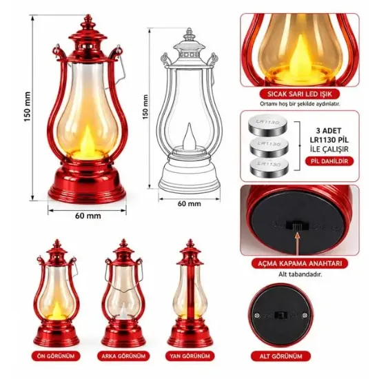 Powermaster PM-38887 Nostaljik LED Mini Gaz Lambası Tasarımlı Pilli Dekoratif Aydınlatma resmi