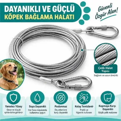 SUNUP SN-38108 10 Metre Çelik Köpek Bağlama Halatı Kilitli Karabina PVC Kaplamalı resmi