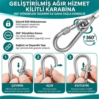 Sunup SN-38106 2 Metre Çelik Köpek Bağlama Halatı Kilitli Karabina PVC Kaplamalı resmi