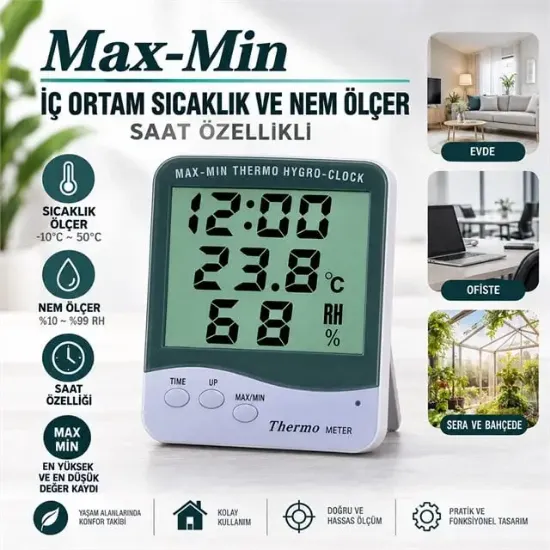 PowerMaster PM-6233 Termometre Oda Tipi Ekranlı Sıcaklık ve Nem Ölçer - Saat Özellikli resmi