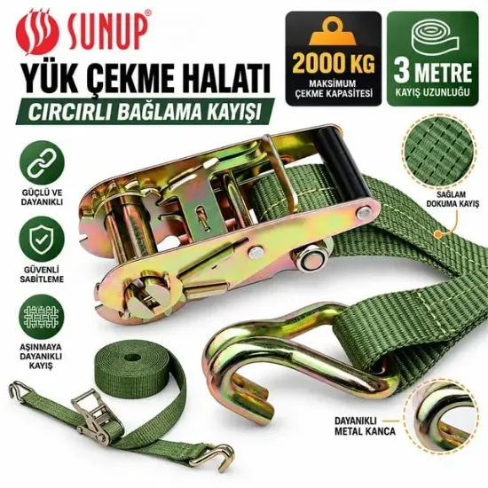 Sunup SN-37783 3 Metre Yük Çekme Halatı Cırcırlı Bağlama Kayışı Spanzet 2000KG resmi