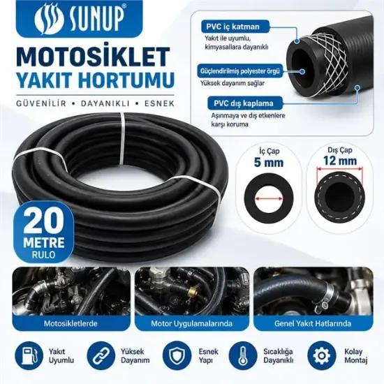 Sunup SN-38807 20 Metre 12mm Motosiklet Araç Yakıt Hortumu Rulo Esnek Güçlendirilmiş resmi