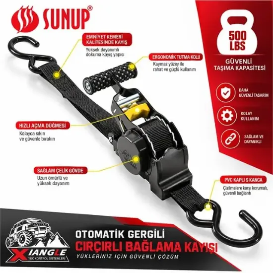Sunup SN-37789 3 Metre Otomatik Cırcırlı Bağlama Kayışı Spanzet Kaydırmaz Tutamaklı Dayanıklı Çelik Gövde 230KG resmi