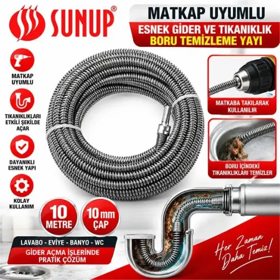 SUNUP SN-38810 10 METRE 10 MM MATKAP UYUMLU BORU TEMİZLEME YAYI resmi