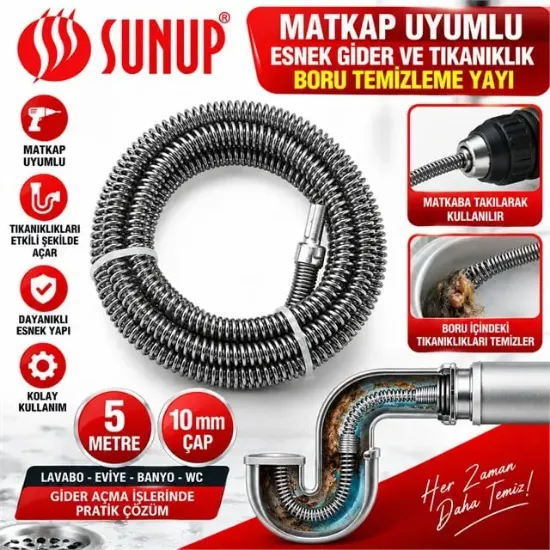 SUNUP SN-38809 5 METRE 10 MM MATKAP UYUMLU BORU TEMİZLEME YAYI resmi
