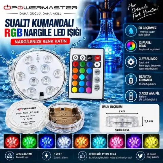 Powermaster Su Altı Kumandalı RGB Nargile Led Işığı PM-17658 resmi