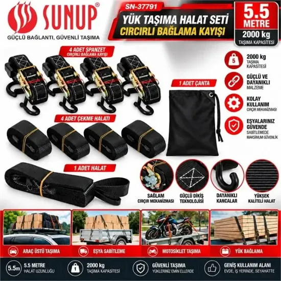 Sunup SN-37791 5,5 Metre Yük Taşıma Halat Seti Cırcırlı Bağlama Kayışı Spanzet 2000KG resmi