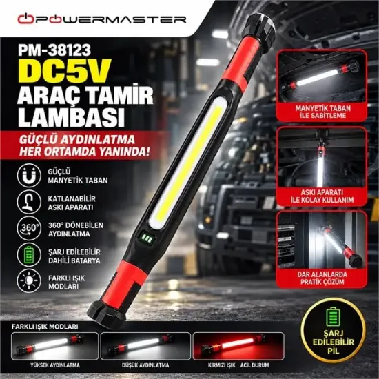 Powermaster PM-38123 DC 5V Şarjlı Manyetik Taban Askı Aparatı Çoklu Işık Modu Araç Tamir Lambası resmi