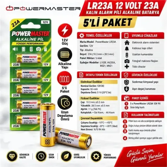 PowerMaster LR23A 12 Volt 23A Kalın Alarm Pili Alkaline Batarya (5'LI Paket) resmi