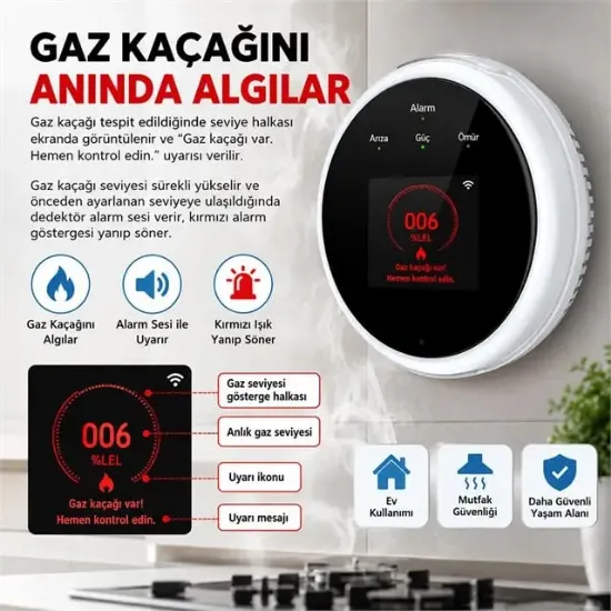 Sunup SN-38805 Wi-Fi Akıllı Doğal Gaz ve Sıcaklık Ev Tipi Kaçak Dedektörü TFT Ekranlı  resmi