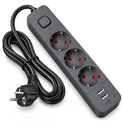 S-Link SPG03U 2 Usb + 1 Type C 5V2.4A 3X1.0mm Bakır 1.5M Kablo 750 Joule 3'lü Anahtarlı Siyah Akım Korumalı Priz resmi