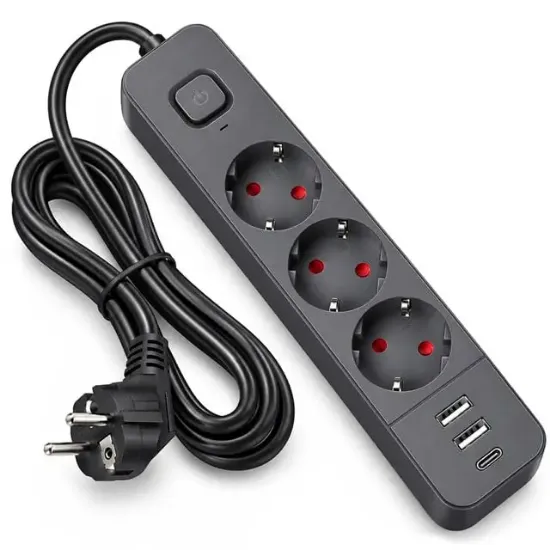 S-Link SPG03U 2 Usb + 1 Type C 5V2.4A 3X1.0mm Bakır 1.5M Kablo 750 Joule 3'lü Anahtarlı Siyah Akım Korumalı Priz resmi