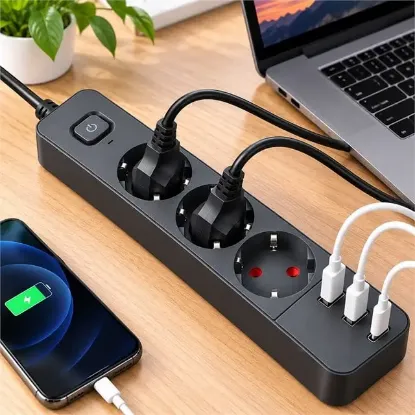 S-Link SPG03U 2 Usb + 1 Type C 5V2.4A 3X1.0mm Bakır 1.5M Kablo 750 Joule 3'lü Anahtarlı Siyah Akım Korumalı Priz resmi