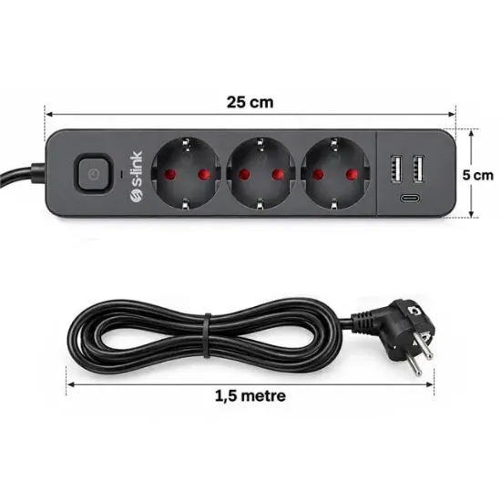 S-Link SPG03U 2 Usb + 1 Type C 5V2.4A 3X1.0mm Bakır 1.5M Kablo 750 Joule 3'lü Anahtarlı Siyah Akım Korumalı Priz resmi