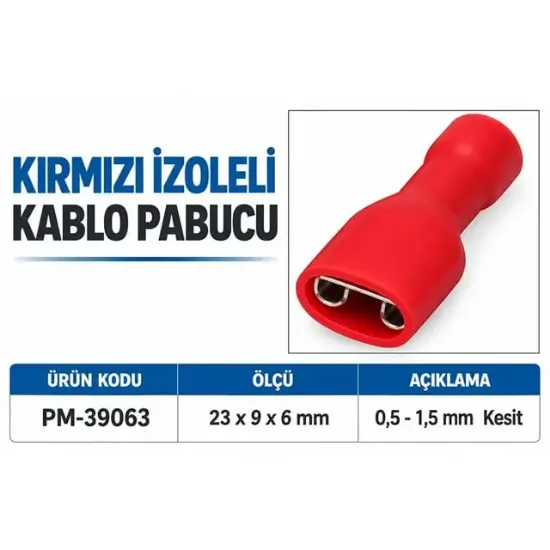 PowerMaster PM-39063 0,5-1,5mm2 Kesit 23x9x6mm Soket Kırmızı İzoleli Kablo Pabucu (100'Lü Paket) resmi