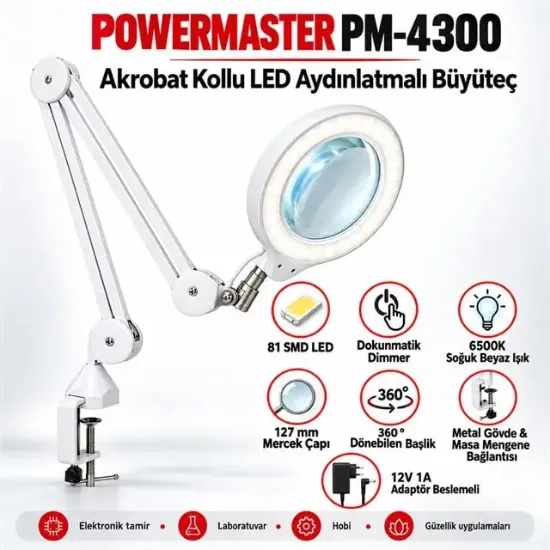 PowerMaster PM-4300 Akrobat Tamirci Masa Tipi Büyüteç Led Aydınlatmalı resmi