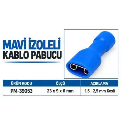 PowerMaster PM-39053 1,5-2,5mm2 Kesit 24x9x6mm Soket Mavi İzoleli Kablo Pabucu (100'lü Paket) resmi