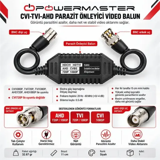 Powermaster CVI-TVI-AHD Parazit Önleyici Video Balun resmi