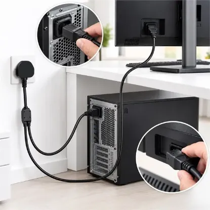 PowerMaster PM 38801 UK Fişli Çift Iec C13 Çıkışlı 1.8 Metre PC Güç Kablosu resmi