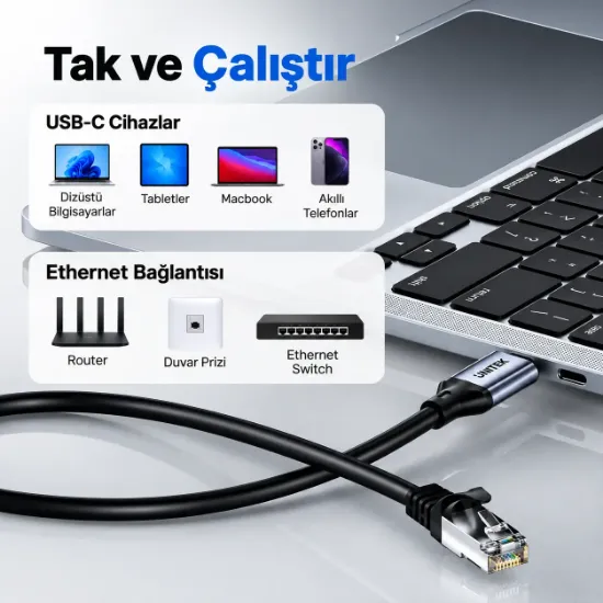 UNITEK USB-C TO ETHERNET KABLO 3M (C18148AGY01-3M) resmi