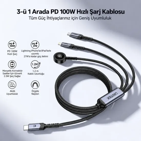 UNITEK USB-C 3' U 1 ARADA 100 W HIZLI SARJ KABLOSU 1.2M (C14180AGY01-1.2M) resmi