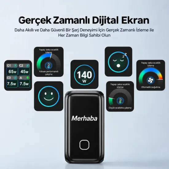 UNITEK REXO 140W 4 PORTLU AKILLI EKRANLI GAN SARJ CİHAZI  (P1132ABK01-EU) resmi