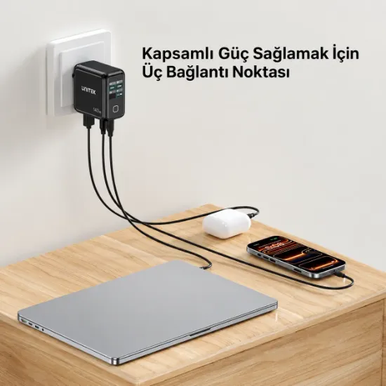 UNITEK REXO 140W 4 PORTLU AKILLI EKRANLI GAN SARJ CİHAZI  (P1132ABK01-EU) resmi