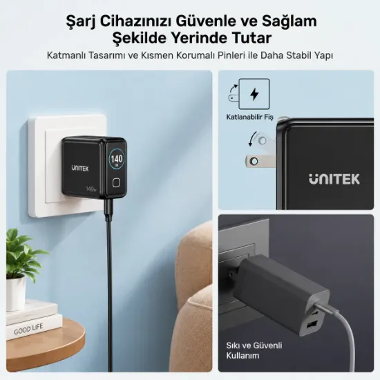 UNITEK REXO 140W 4 PORTLU AKILLI EKRANLI GAN SARJ CİHAZI  (P1132ABK01-EU) resmi