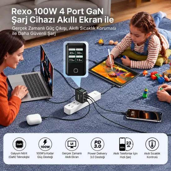 UNITEK REXO 100W 4 PORTLU AKILLI EKRANLI GAN SARJ CİHAZI (P1132ABK01-EU) resmi